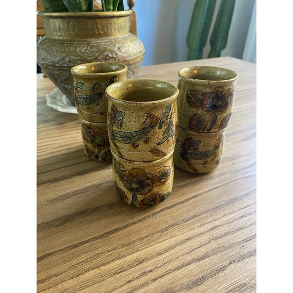 Vintage Otagiri OMC Stoneware Sake Saki Tea Cups Set of 6 Japan Yellow Brown - Picture 1 of 7